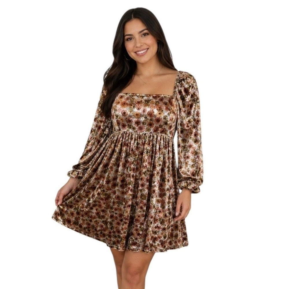 Storia Brown Floral Velvet Long Sleeve Babydoll Dress L Cottagecore Boho Autumn